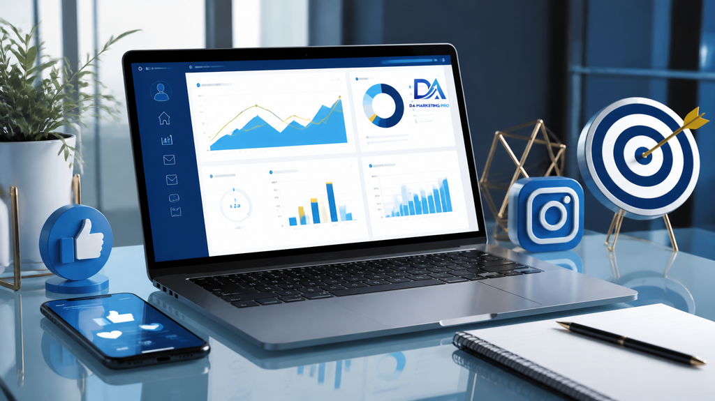 Digital marketing workspace with laptop and analytics dashboard