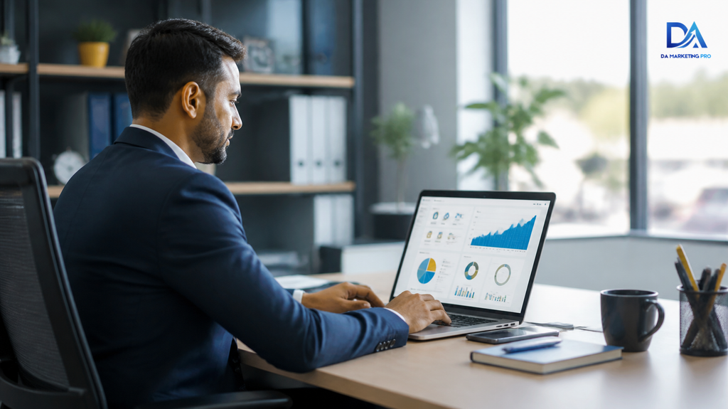 Small business owner reviewing online marketing performance and business growth analytics.