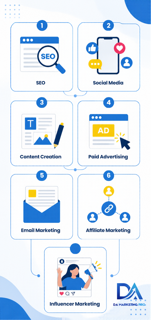 Illustration of SEO, social media, content, paid ads, email, affiliate, and influencer marketing.