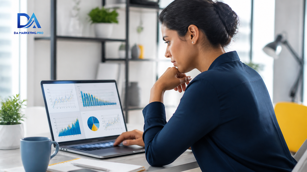 Business owner reviewing website leads and sales analytics.