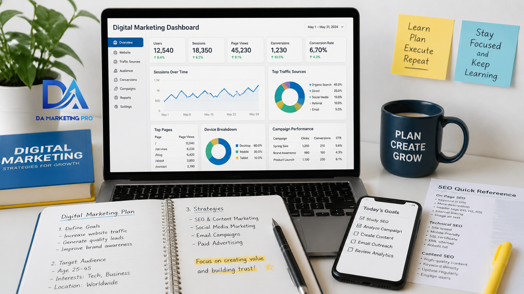 Beginner learning digital marketing with a laptop and notebook.