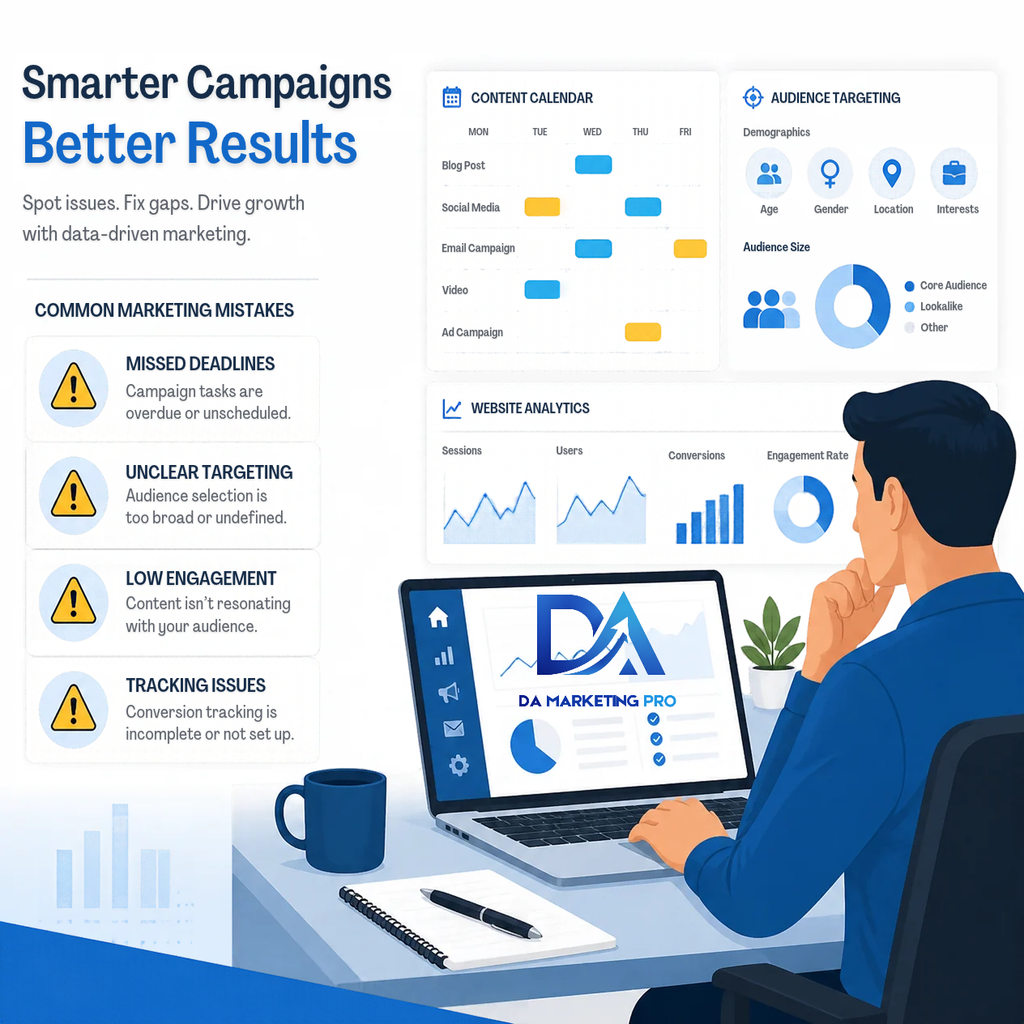 Digital marketing planning dashboard highlighting campaign mistakes.