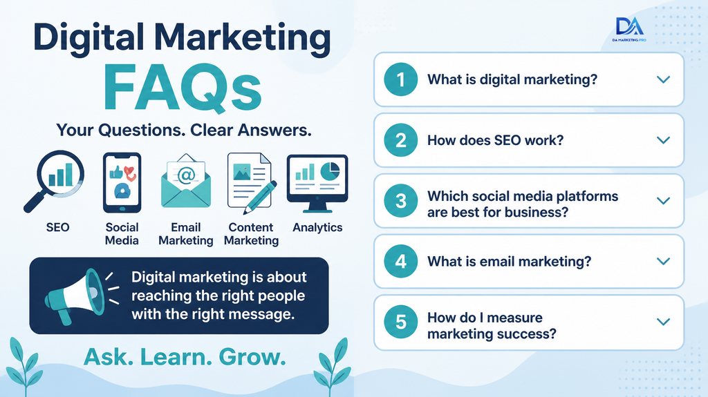 Question and answer illustration for digital marketing beginners.